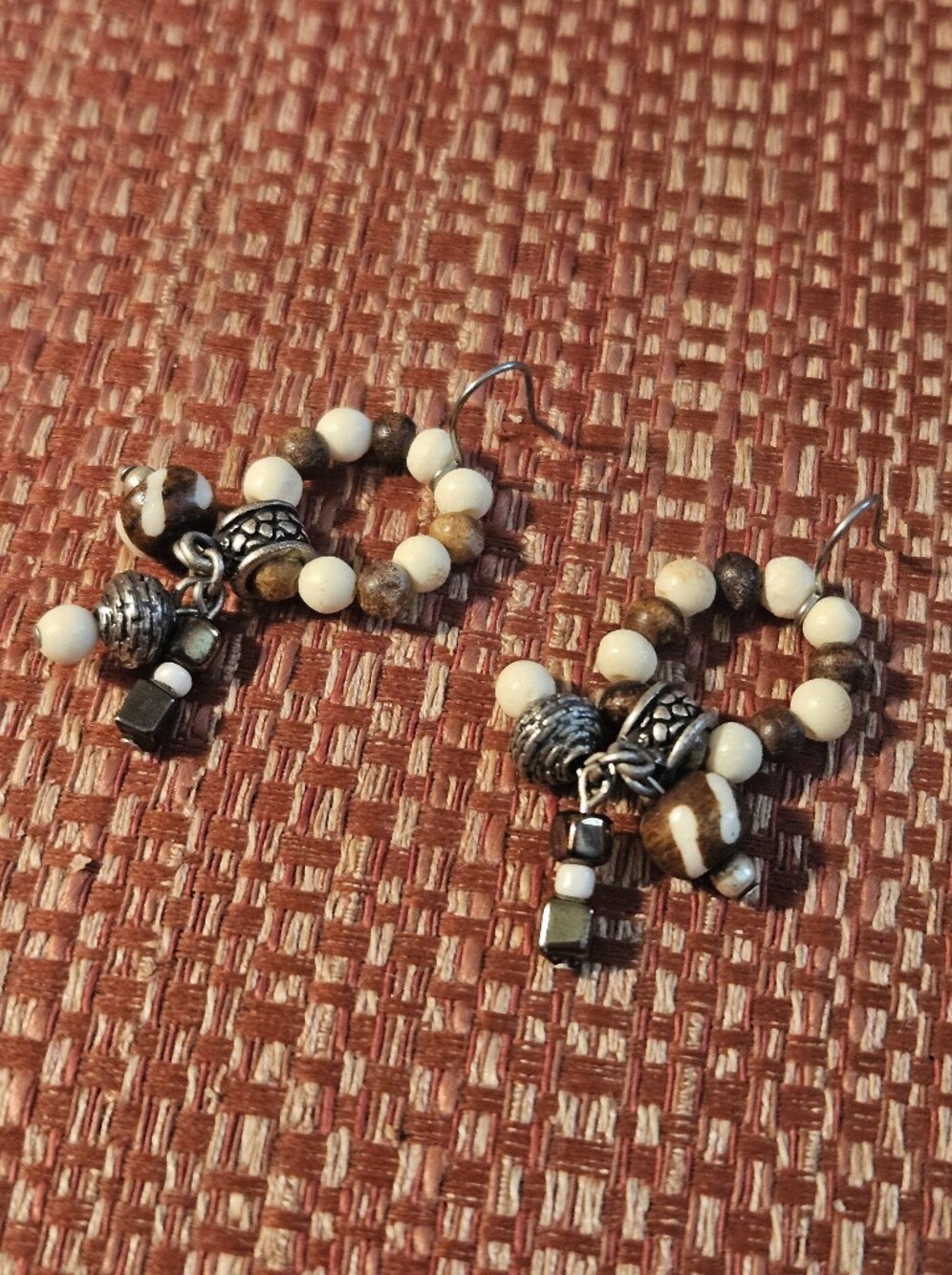 Brighton Brown & Cream Beaded Hoop Earrings with Silver Accents